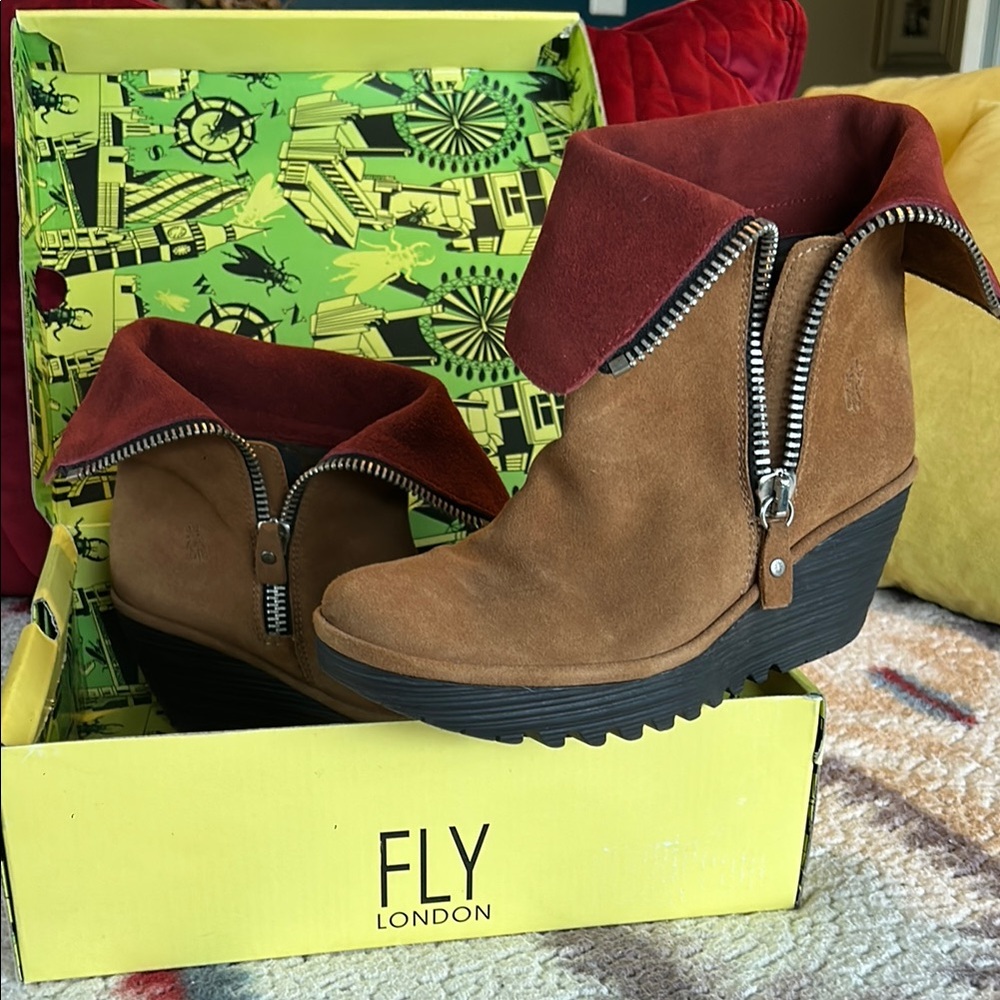 Fly London Tan and Red Ankle Boots